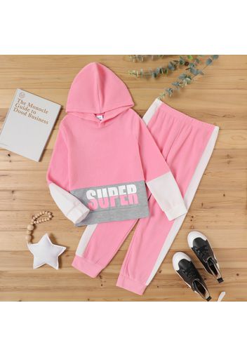 2-piece Kid Girl Letter Print Colorblock Fuzzy Hoodie Sweatshirt and Pants Set