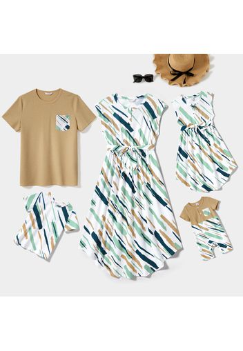 Family Matching Allover Geo Print Sleeveless Belted Dresses and Short-sleeve T-shirts Sets