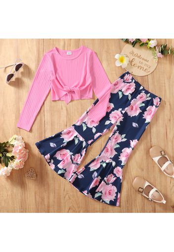 2pcs Kid Girl Ribbed Tie Knot Long-sleeve Tee and Floral Print Flared Pants Set