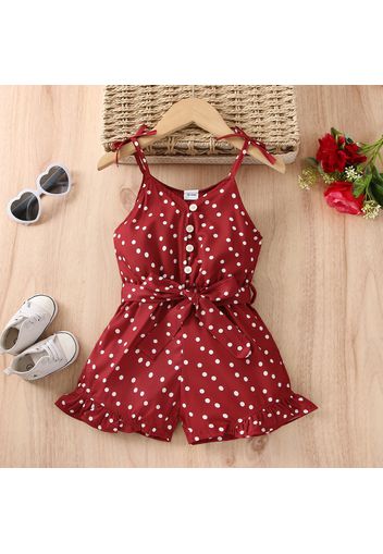 Toddler Girl Polka dots Bowknot Button Design Ruffled Belted Cami Rompers