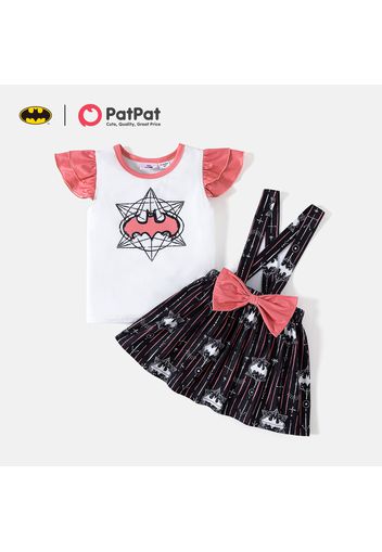 Batman 2pcs Toddler Girl Flutter-sleeve/Ruffled Short-sleeve Tee and Bowknot Design Suspender/ Paperbag Skirt Set