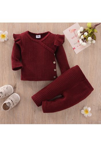 2pcs Baby Solid Knitted Ribbed V Neck Ruffle Long-sleeve Top and Trousers Set