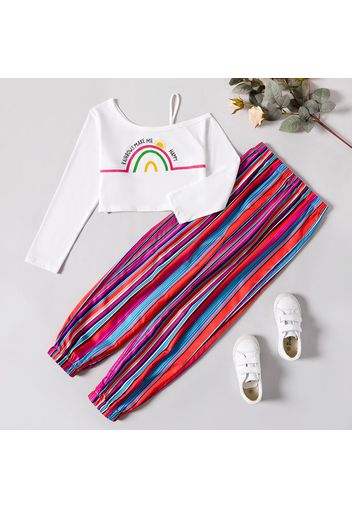 2-piece Kid Girl Letter Print Striped Long-sleeve One Shoulder Strap Top and Striped Pants Set