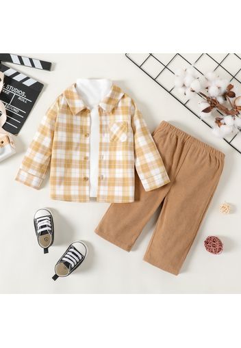 3pcs Baby Boy Solid Mock Neck Long-sleeve Tee and Plaid Shirt with Pants Set