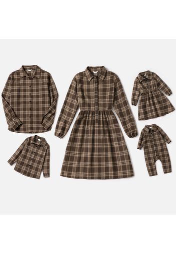 Family Matching Brown Plaid Long-sleeve Dresses and Shirts Sets