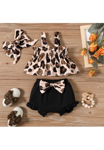 3pcs Baby Girl Leopard Sleeveless Top and Bowknot Shorts with Headband Set