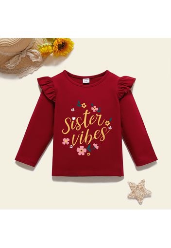 Toddler Girl Graphic Letter and Floral Print Ruffled Long-sleeve Tee