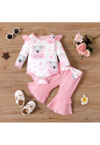 2pcs Baby Girl Cartoon Koala Print Ruffle Long-sleeve Romper and Bow Front Layered Bell Bottom Pants Set