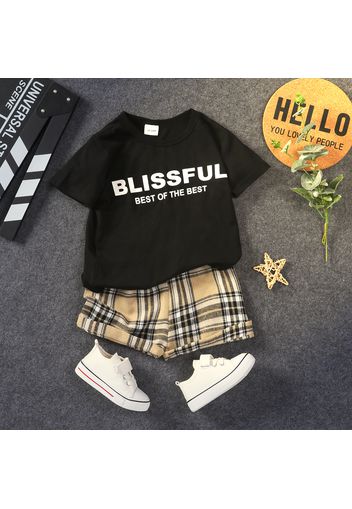 2pcs Toddler Boy Casual Letter Print Tee & Plaid Shorts Set