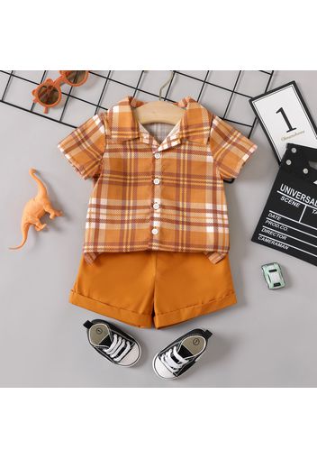 2pcs Baby Boy Short-sleeve Plaid Shirt and Solid Shorts Set