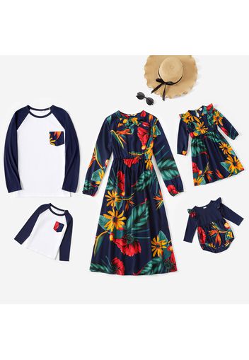 Family Matching All Over Plants Print Long-sleeve Dresses and Raglan-sleeve T-shirts Sets