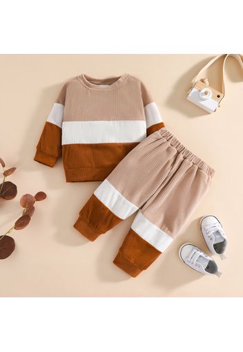 2pcs Baby Girl Color Block Corduroy Long-sleeve Pullover and Trousers Set