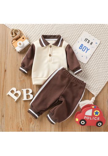 2pcs Baby Boy/Girl Color Block Lapel Long-sleeve Pullover and Track Pants Set