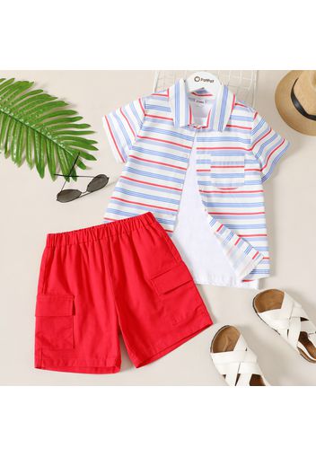 2-piece Kid Boy Stripe Lapel Collar Short-sleeve Shirt and Pocket Design Red Shorts Set