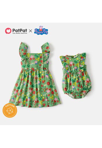 Peppa Pig Sibling Matching 100% Cotton Allover Print Green Ruffle Trim Sleeveless Set