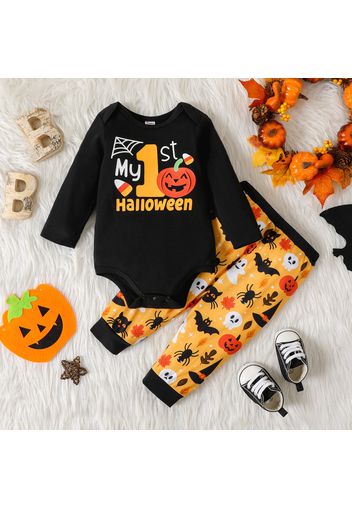 Halloween 2pcs Baby Boy Long-sleeve Graphic Romper and Allover Print Pants Set