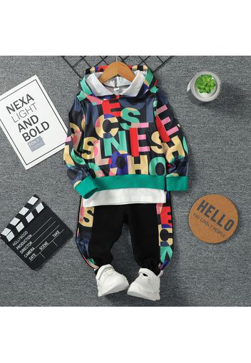 2pcs Toddler Boy Trendy Letter Print Faux-two Hoodie Sweatshirt and Pants Set