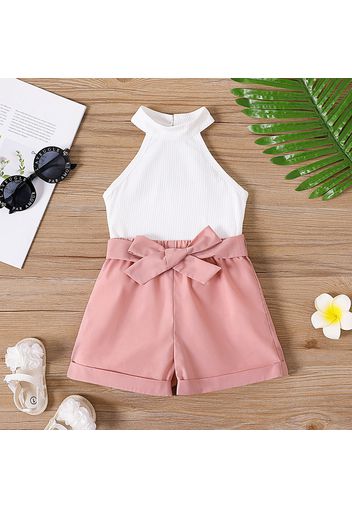 2pcs Baby Girl Keyhole Back Halter Top and Roll Up Hem Shorts Set