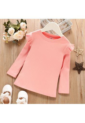 Toddler Girl Ruffled Casual Solid Ribbed Long-sleeve Top