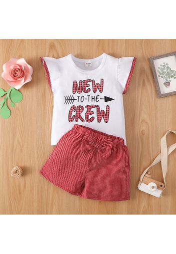 2pcs Toddler Girl Letter Print Flutter-sleeve Tee and Plaid Bowknot Design Shorts Set