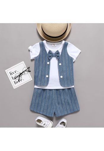 2pcs Baby Boy Gentleman Bow Tie Waistcoat Faux-two Short-sleeve Top and Shorts Set