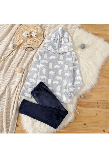 2-piece Kid Girl Animal Bear Pattern Fuzzy Hoodie Sweatshirt and Solid Color Leggings Set