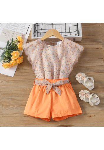 2pcs Toddler Girl Floral Print Butterfly Sleeve Chiffon Blouse and Belted Shorts Set