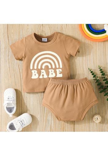 2pcs Baby Boy/Girl 95% Cotton Ribbed Short-sleeve Rainbow and Letter Print Tee and Shorts Set