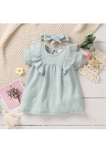 2pcs Baby Girl Solid Textured Short-sleeve Ruffle Dress with Headband Set