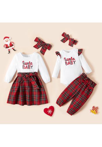 Christmas Letter Print Sibling Matching Long-sleeve Splicing Red Plaid Sets