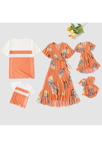 Family Matching Allover Floral Print Coral V Neck Ruffle-sleeve Wrap Dresses and Colorblock Short-sleeve Cotton T-shirts Sets
