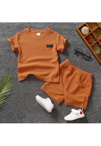 2pcs Toddler Boy Casual Solid Color Waffle Tee and Elasticized Shorts Set