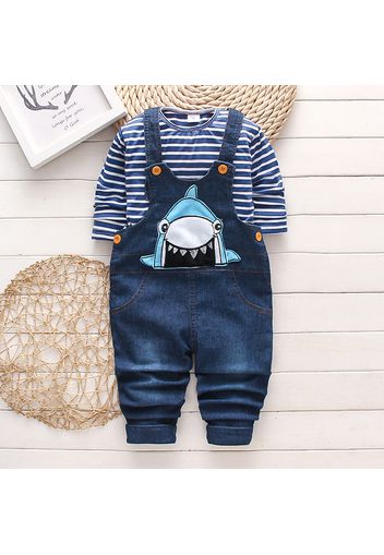 2pcs Toddler Boy Stripe Short-sleeve Tee and Shark Embroidered Denim Overalls Set