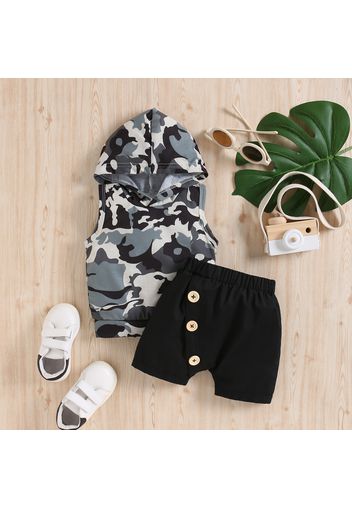 2pcs Baby Boy Camouflage Hooded Tank Top and Shorts Set