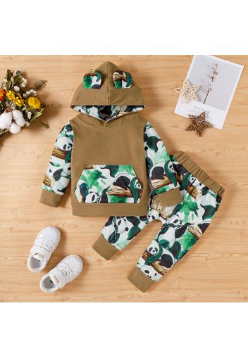 2pcs Baby Boy Panda Print Brown Long-sleeve Hoodie and Trousers Set