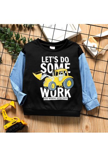 Toddler Boy Letter Vehicle Excavator Print Colorblock Denim Sleeve Sweatshirt