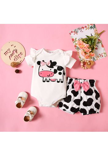 2pcs Baby Girl Cartoon Cow Print Ribbed Ruffle Short-sleeve Romper and Bowknot Shorts Set