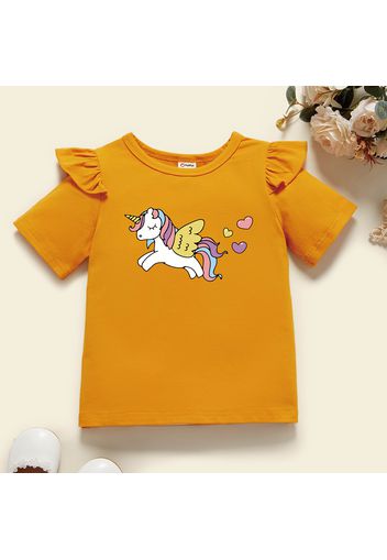 Toddler Girl Graphic Unicorn and Heart Print Ruffled Short-sleeve Tee