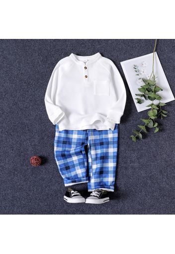 2pcs Toddler Boy Preppy style Button Pocket Design Raglan Sleeve White Shirt and Plaid Pants Set