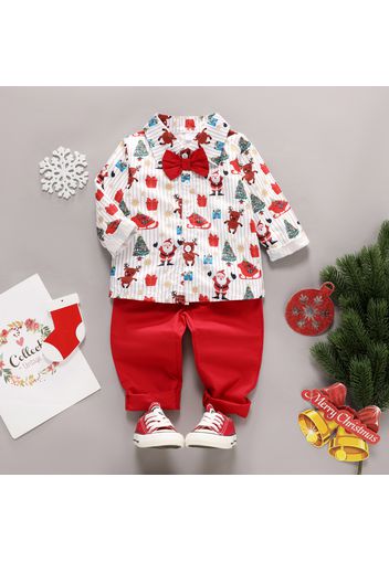 2-piece Toddler Boy Christmas Tree Santa Deer Print Bow Design Long-sleeve Shirt and Red Pants Set