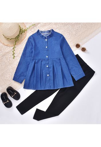 2-piece Kid Girl Ruffle Collar Button Design Long-sleeve Denim Top and Black Pants Set