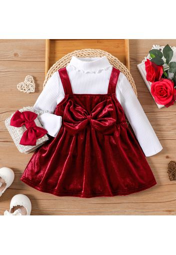 2pcs Baby Girl Rib Knit Turtleneck Long-sleeve Top and Bow Front Velvet Overall Dress Set