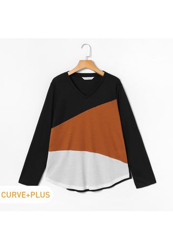 Women Plus Size Casual Colorblock V Neck Long-sleeve Tee