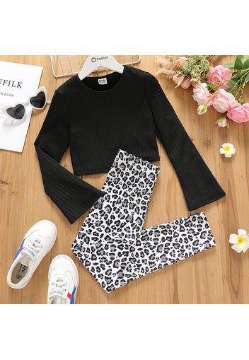 2pcs Kid Girl Ribbed Long Bell sleeves Black Tee and Leopard Print Leggings Set