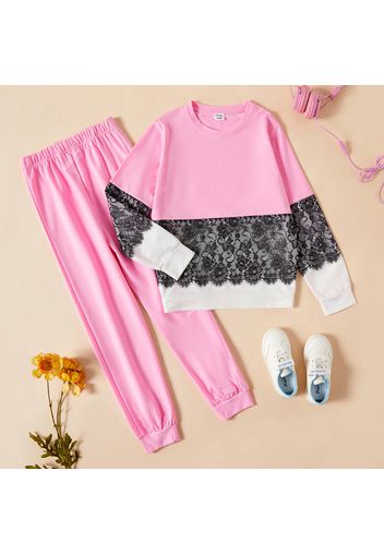 2-piece Kid Girl Lace Design Colorblock Pullover and Pink Bottom Set