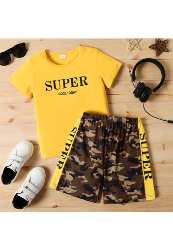 2pcs Kid Boy Letter Print Short-sleeve Tee and Camouflage Print Shorts Set