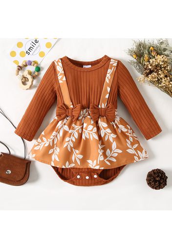 Baby Girl Brown Ribbed Long-sleeve Bowknot Splicing Leaves Print Skirted Romper