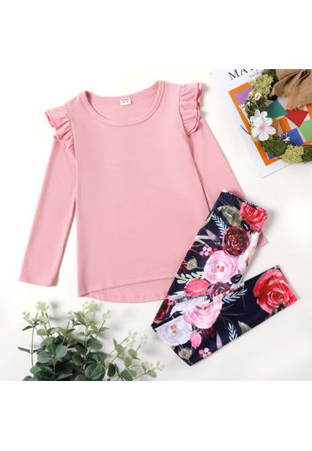 2-piece Kid Girl Ruffled Long-sleeve Tee and Floral Print Pants Set