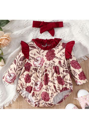 2pcs Baby Girl All Over Red Floral Print Frill Collar Long-sleeve Romper with Headband Set