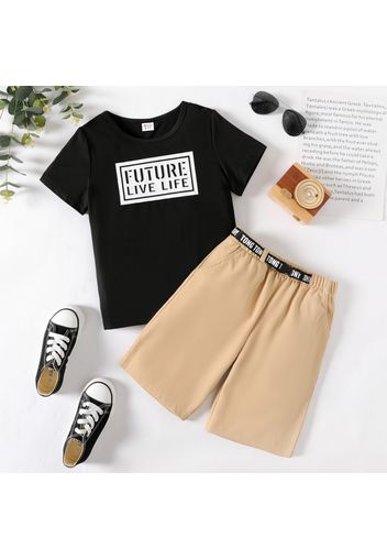 2pcs Kid Boy Letter Print Short-sleeve Black Tee and Belt Design Khaki Shorts Set